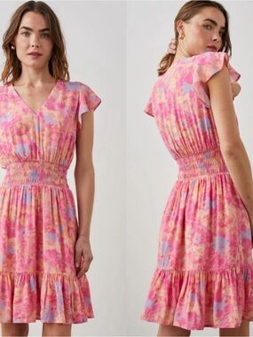 Rails Pink Multi Floral V-Neck Smocked Mini Dress